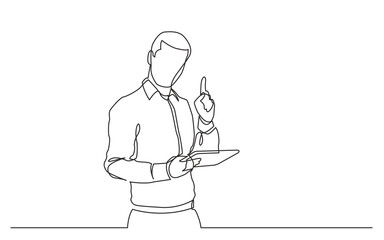 Poster - continuous line drawing vector illustration with FULLY EDITABLE STROKE of  standing man with tablet pointing finger