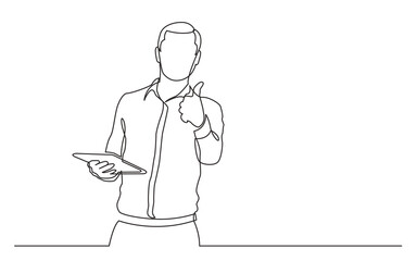 Poster - continuous line drawing vector illustration with FULLY EDITABLE STROKE of  standing man with tablet showing thumb up