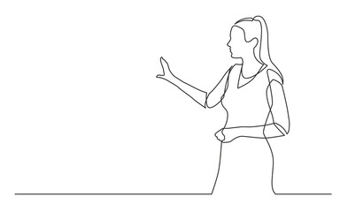 Poster - continuous line drawing vector illustration with fully editable stroke of standing woman presenter s