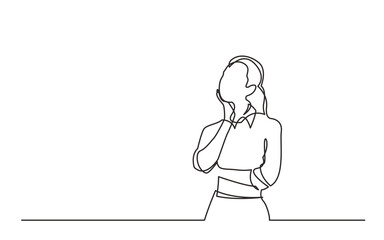 Poster - continuous line drawing vector illustration with fully editable stroke of standing woman thinking