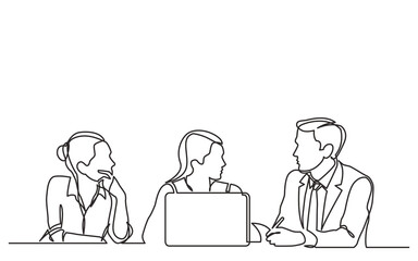 Poster - continuous line drawing vector illustration with fully editable stroke of three employees talking