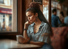 Pensive Or Dreary Young Woman In A Cafe In A Narrow Alleyway