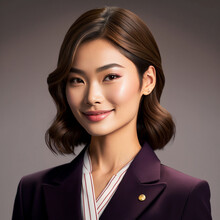 Young Asian Woman In Purple Suit, Business Woman With Smile And Pretty Face, Smooth Skin And Medium Length Hair, Slim Face