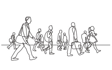 Wall Mural - continuous line drawing vector illustration with FULLY EDITABLE STROKE of  urban commuters walking on city street