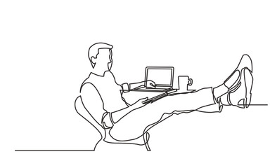 Poster - continuous line drawing vector illustration with FULLY EDITABLE STROKE of  young man sitting with laptop computer feet on desk