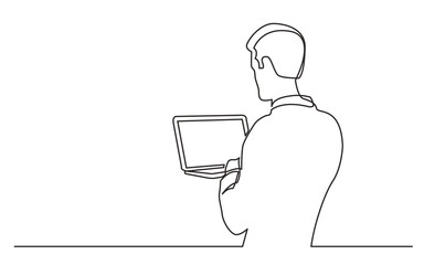 Leinwandbilder - continuous line drawing vector illustration with FULLY EDITABLE STROKE of man standing man holding laptop