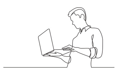 Leinwandbilder - continuous line drawing vector illustration with FULLY EDITABLE STROKE of man standing man watching laptop computer