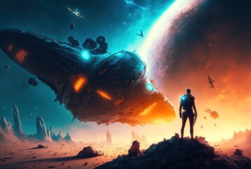 Wall Mural - illustration of an astronaut in space battle field, idea for sci-fi and space punk background wallpa