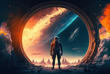 Wall Mural - illustration of an astronaut in space battle field, idea for sci-fi and space punk background wallpa