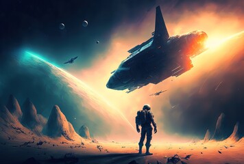 Wall Mural - illustration of an astronaut in space battle field, idea for sci-fi and space punk background wallpa