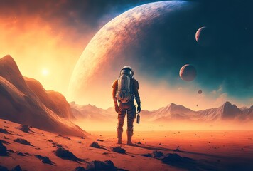 Wall Mural - illustration of an astronaut in space battle field, idea for sci-fi and space punk background wallpa