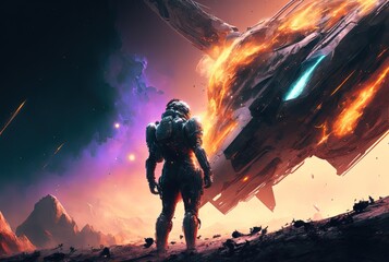 Wall Mural - illustration of an astronaut in space battle field, idea for sci-fi and space punk background wallpa