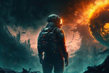 Wall Mural - illustration of an astronaut in space battle field, idea for sci-fi and space punk background wallpa