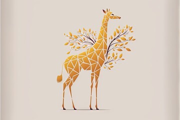 Sticker -  a giraffe standing next to a tree with leaves on it's branches and a smaller giraffe standing next to it's trunk with leaves on it's trunk. Generative AI