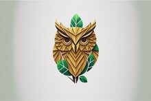  An Owl With Leaves On Its Head Is Shown In Gold Foil On A White Background With A Green Leafy Branch In The Foreground Of The Image Is A Light Gray Background Is Also. Generative AI