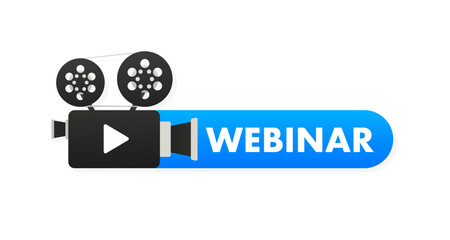 Poster - Webinar Icon with a retro camera. Flat design style with play button. Video icon. Film making industry. Cinematography and filmmaking equipment. Design element. Vector illustration