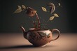  a teapot with leaves pouring out of it and a teapot with leaves coming out of it and a teapot with leaves coming out of it, on a dark background, with a. Generative AI