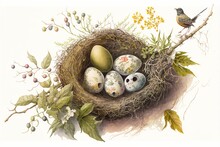 A Bird Is Sitting On A Branch Next To A Nest With Eggs And Leaves On It, And A Bird Is Sitting On A Branch With Eggs In It's Nest, And Another Bird Is Sitting On The Branch. Generative AI