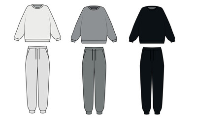 Wall Mural - set of clothes for people. Vector outline drawing of a sweatshirt and sweatpants. Tracksuit template in grey, white and black colors. Crewneck sweatshirt and joggers sketch on white background, vector