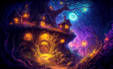 Wall Mural - Fantasy enchanted fairy tale house or castle in magical forest with  huge moon on background. digital art, generative ai