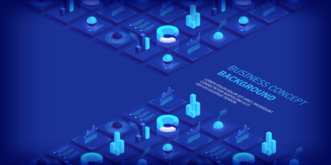 Business and finance abstract vector isometric background. Online statistics and data analytics. Digital money market; investment and trading. Perfect for web design; banner and presentation.