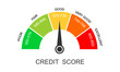 Credit score ranges icon. Loan rating scale with levels from poor to excellent. Fico report dashboard with arrow isolated on white background. Financial capacity assessment. Vector flat illustration.