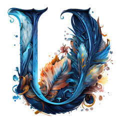 Wall Mural - Capital letter U made of blue feathers, flourishes and water colour paints. Isolated on white background. Colourful alphabet series.  
Digitally generated AI image