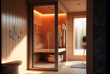 Home Wooden Sauna, Spa Room.  Generative AI.