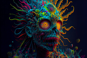 Wall Mural - horror poster. mystical head. psychedelic monster. generative ai.