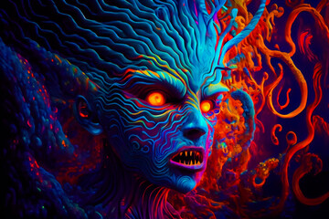 Wall Mural - horror poster. mystical head. psychedelic monster. generative ai.