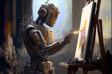 Robotic Technologies In Hobbies Concept. Robot Standing And Drawing Artwork Picture. Created With Generative AI Technology.