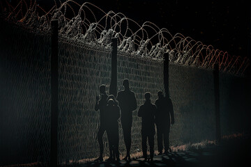 silhouettes of people near the fence with barbed wire Generative AI