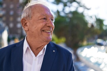 Middle age grey-haired man smiling confident looking to the side at park