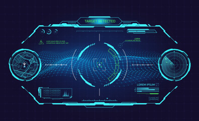 Wall Mural - Cockpit vr dashboard. Hud spaceship hologram interface futuristic aircraft, virtual glasses robot helmet, military ai radar navigation airplane control, game ui vector illustration