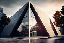 Contemporary Triangle Shape Design Building Exterior. Futuristic Modern Architectural Design Building.