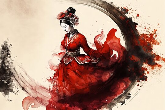 a chinese bride dancing in tradtional wedding dress, red and black watercolor painting, generative AI