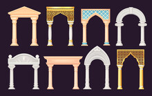 Antique Arches. Architectural Stone Or Marble Arch, Portal Baroque Greek Castle Rome Palace Luxury Facade Building Old Entrance With Pillars Columns, Ingenious Vector Illustration