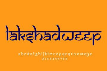 Indian state Lakshadweep text design. Indian style Latin font design, Devanagari inspired alphabet, letters and numbers, illustration.