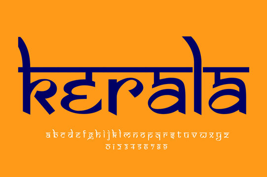 Indian state Kerala text design. Indian style Latin font design, Devanagari inspired alphabet, letters and numbers, illustration.