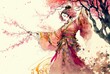 chinese woman in traditional hanfu dancing under sakura cherry blossom trees, watercolor painting in pink and yellow, generative AI