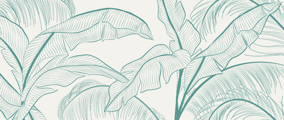 Wall Mural - abstract art background with tropical leaves hand drawn in art line style. botanical banner for deco