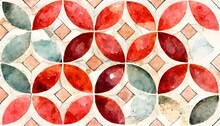  Red Tiles Classic Pattern Vintage Mosaic Round Shapes Watercolor  