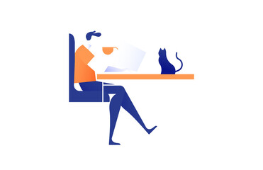 young man working from home office with laptop computer and pet cat at desk. modern freelance worker