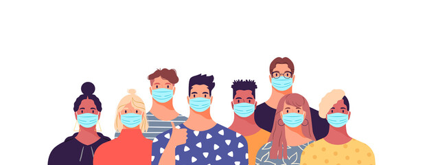 Diverse people group of young women and men wearing medical face mask for disease prevention, pollution protection on isolated background. Flat cartoon characters doing thumbs up, say yes to masks.