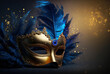 Luxury blue and golden carnival mask for Venice carnival with abstract blurred golden background. Generative AI.