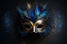 Luxury Blue And Golden Carnival Mask For Venice Carnival. Venetian Costume. Generative AI.