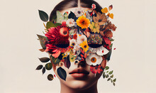 Abstract Contemporary Art Collage Portrait Of Young Woman With Flowers On Face. Generative AI.
