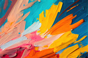 Vivid and dynamic, oil paint brush strokes on canvas create a textured background. Palette knife techniques imbue the artwork with depth, showcasing a colorful and vibrant mix of hues