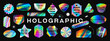 Holographic sticker set. Vector iridescent foil adhesive film, holography labels mockup and realistic holo textures. Shine metal badges of various shapes. Gradient sale and discount stickers.