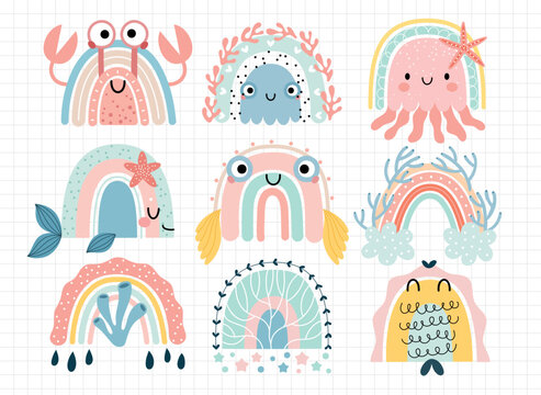 Fototapete - Cute marina rainbows for your design, childish hand drawn sea elements. Nursery theme,
